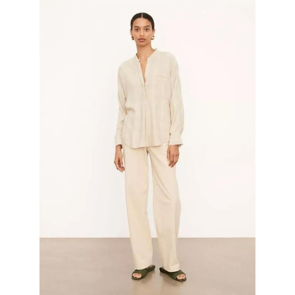 Vince Shadow Plaid Band Collar Pullover Beige Size Medium